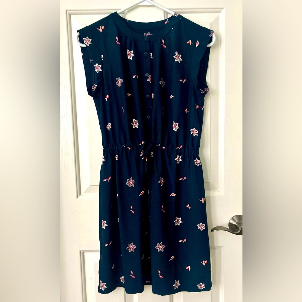 LOFT Navy Blue Floral Drawstring Sleeveless Dress
